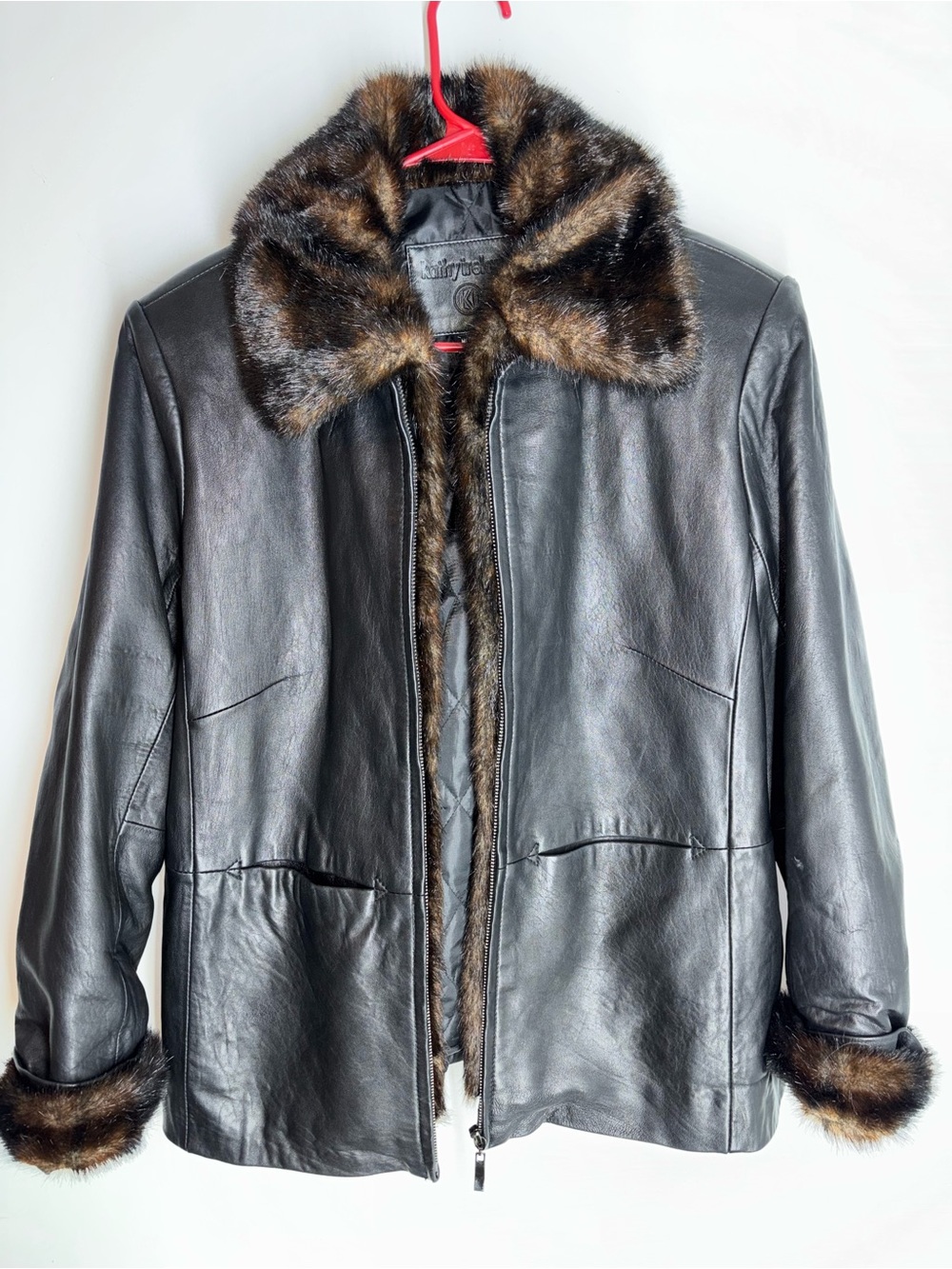 Kathy Ireland Genuine Leather Jacket Detachable Faux Fur Trim Medium Black